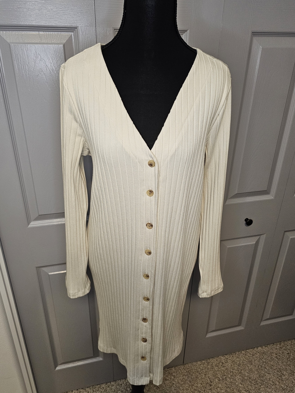 Cream Ribbed Button-Front V-Neck Long Sleeve Dress